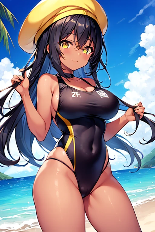 1girl, dark skin, dark-skinned female, black hair, long hair, yellow eyes, yellow beret, beret, one-piece swimsuit, competition swimsuit, black swimsuit, black one-piece swimsuit, yellow trim, light smile, large breasts, thick thighs, beach