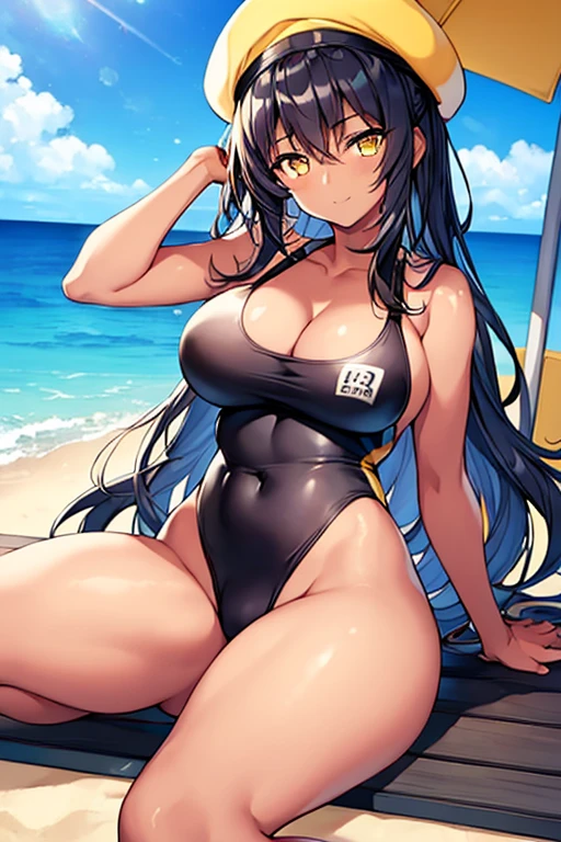 1girl, dark skin, dark-skinned female, black hair, long hair, yellow eyes, yellow beret, beret, one-piece swimsuit, competition swimsuit, black swimsuit, black one-piece swimsuit, yellow trim, light smile, large breasts, thick thighs, beach