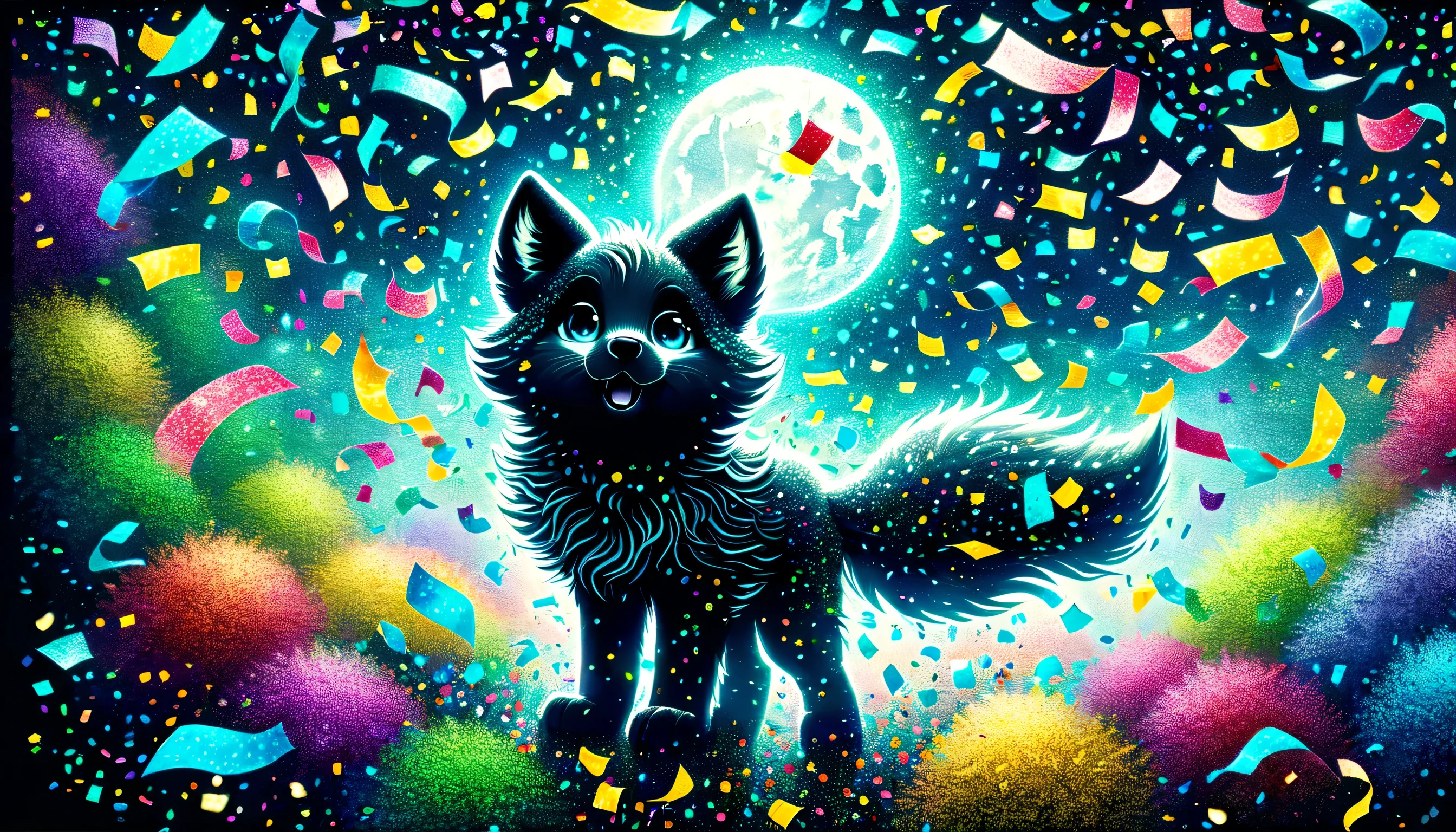cute sky cat, Bright confetti rains down, Stunning illustration featuring a kaleidoscope of colorful confetti, Dark fantasy world, enchanted by dark and fantastical world, Confetti streamers dance in the air, Dark fantasy worldを背景に, intricate details and meticulous brushstrokes bring dark fantasy world, every stunning detail of this wonderland, seductive sight, From elaborate costumes to detailed backgrounds, mesmerizing effect drawing the into wondrous land, Beautifully detailed illustrations, stunning visuals, light and shadow, high quality, High resolution, tonal contrast, and, From above, amidst swirling mist and vibrant confetti, Cute young wolf cub sits staring into the moonlight barrier。, curious and innocent nature, Delicate fur glistening under the glow of surrounding neon colors, Amazing dark beauty illustration, high quality photograph like, all the intricate details, fog of madness, and the confetti pops, crispness and clarity confetti, composition and richness of colors make beautiful, It truly evokes the charm of a sense of wonder., Collaboration of two layers of illustrations,