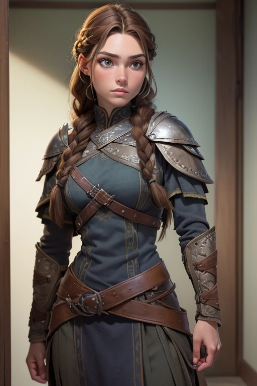 (Obra maestra, La mejor calidad) (young warrior woman of nordic descent), (ojos verdes), (Muscular), (falda de piel), (brown hair color),(loose hair with small braids on the scalp), (top con correa de cuero) plumas, capa sobre el hombro, bufas, (azul, gray and brown suit).