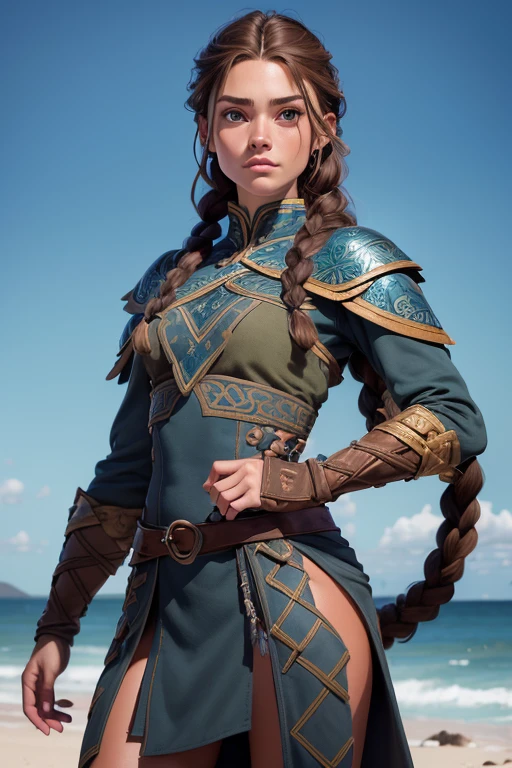 (Obra maestra, La mejor calidad) (young warrior woman of nordic descent), (ojos verdes), (Muscular), (falda de piel), (brown hair color),(loose hair with small braids on the scalp), (top con correa de cuero) plumas, capa sobre el hombro, bufas, (azul, gray and brown suit).