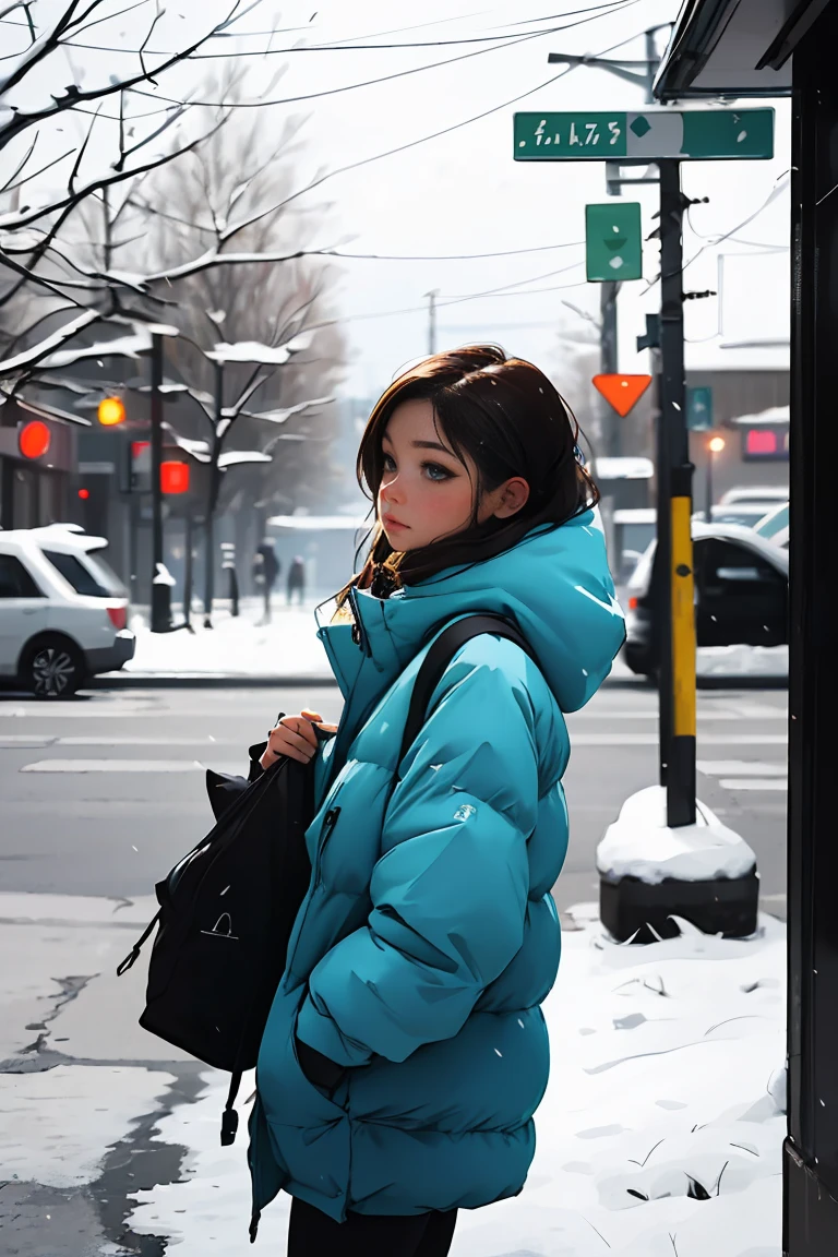 Girl waiting for a bus at a snowy winter stop,vivid colors, soft focus, Light leakage, dreamy winter atmosphere, experimental charm, Retro charm break color field painting, A variety of colors, abstract expressionism, bold shades, emotional impact, atmospheric depth, Minimalist approach BREAK, Beautiful girl, UHD (ultra detail) Viewers observe the figure wearing hip-hop style padded clothing.., another, fancy, long, hair dyed brown 🌈, bright padded clothing, White stardust in dark areas, absurd, high resolution, very detailed, (1 woman : 1.3), vivid colors, soft focus, Light leakage, dreamlike atmosphere,