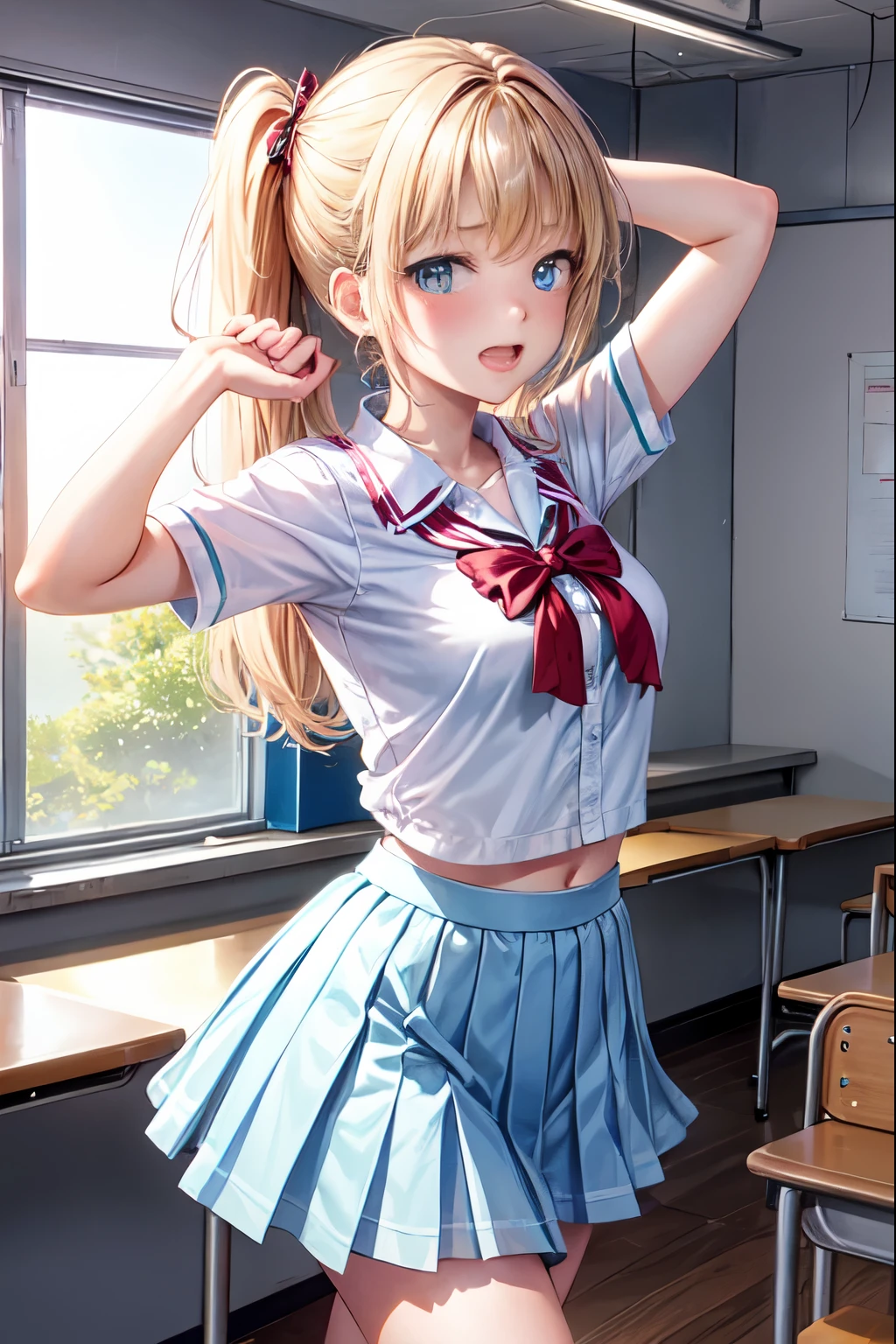 A TikTok screenshot-style image of a high school girl doing a cute dance in a classroom, filled with an emotional atmosphere, a shy expression, and cute effects.