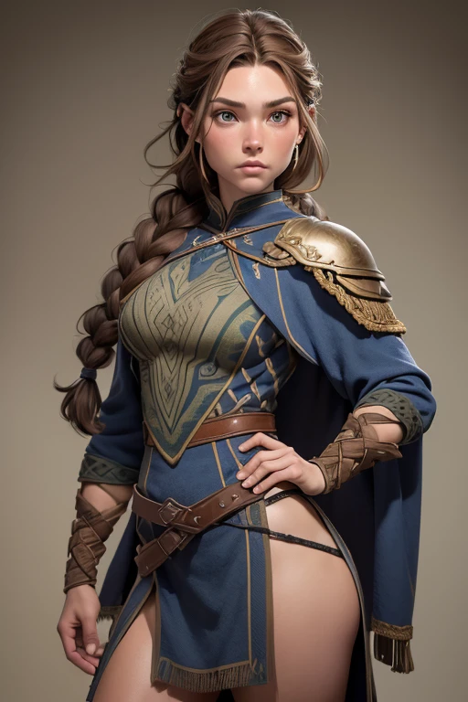 (Obra maestra, La mejor calidad) (young warrior woman of nordic descent), (ojos verdes), (Muscular), (falda de piel), (brown hair color),(loose hair with small braids on the scalp), (top con correa de cuero) plumas, capa sobre el hombro, bufas, (azul, gray and brown suit).