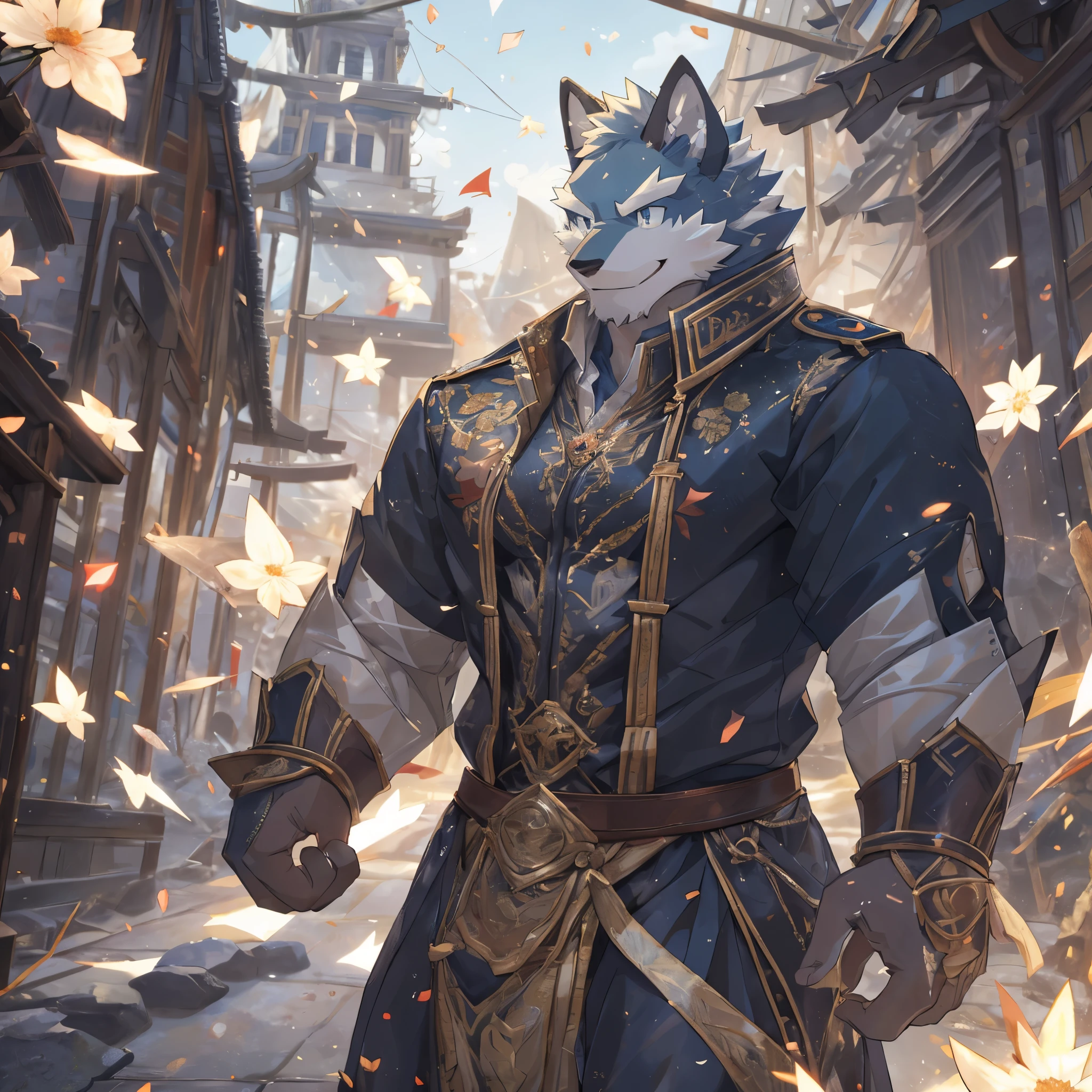 masterpiece, best quality, official art, Extremely detailed CG unified 8k wallpaper, Super detailed, Best Illustration, best shadow, perfect lighting,tall and strong,Smile,depth of field, perfect lighting, The highest quality of light particles),(masterpiece),sharp focus,light particles,alone, hairy,sharp eyes, best quality,male,(Super detailed),超细节的,high detail,high quality,high resolution,dynamic poses, a scene in, (Super detailed), sharp focus,motion blur, depth of field,ridiculous, perfect anatomy,(masterpiece:1.2)