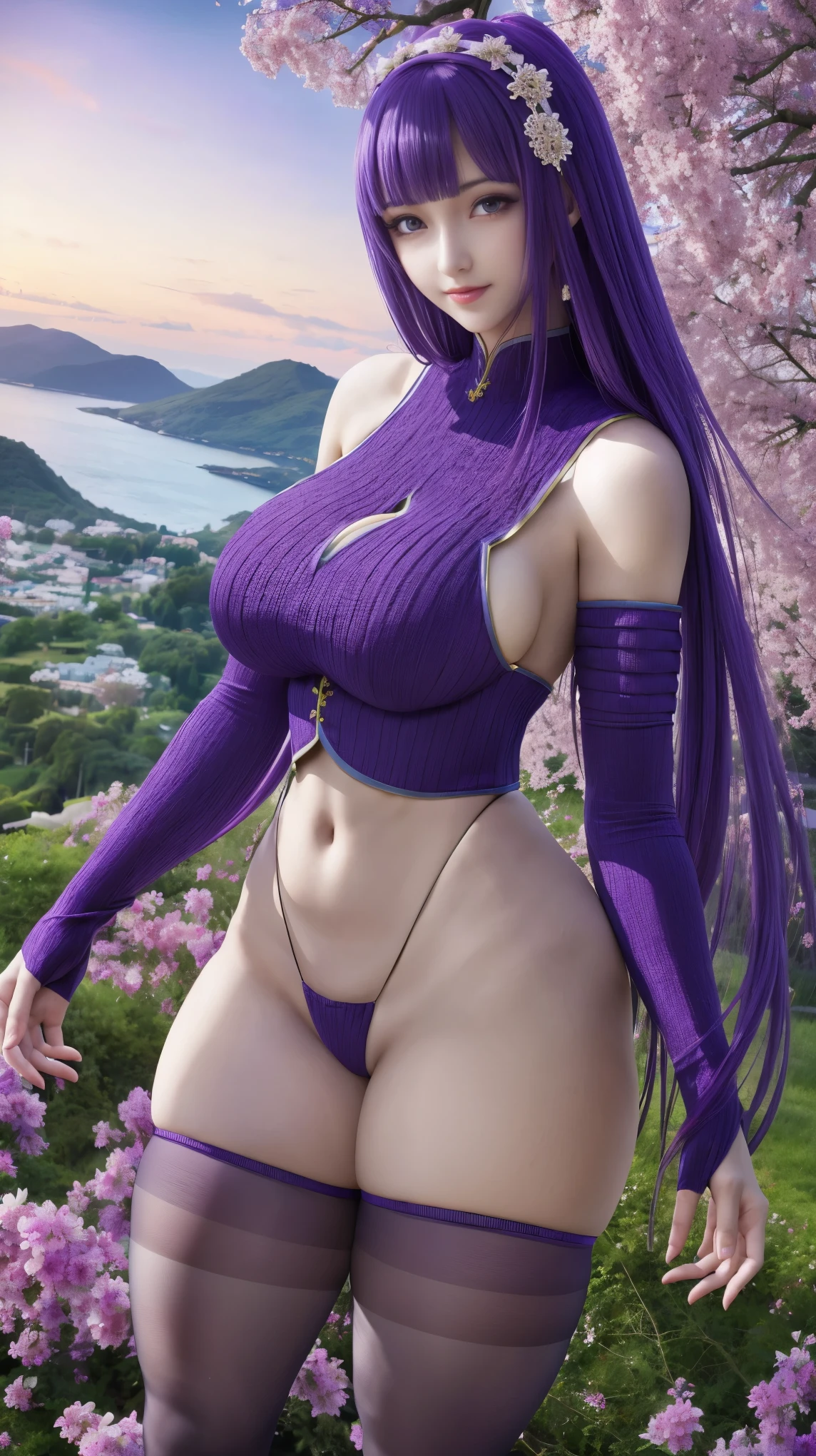 best quality,masterpiece,8k wallpaper,absurdres, highres, ultra detailed, (1 young beautiful girl, solo:1.1),solo, raiden shogun, japanese clothes,  long hair, thighhighs, bangs, hair ornament, breasts, purple hair,shoulder armor, obijime, armor, purple flower, ribbon,mole under eye, flower,The Island of Dreams: A place where all your deepest desires come true,, 