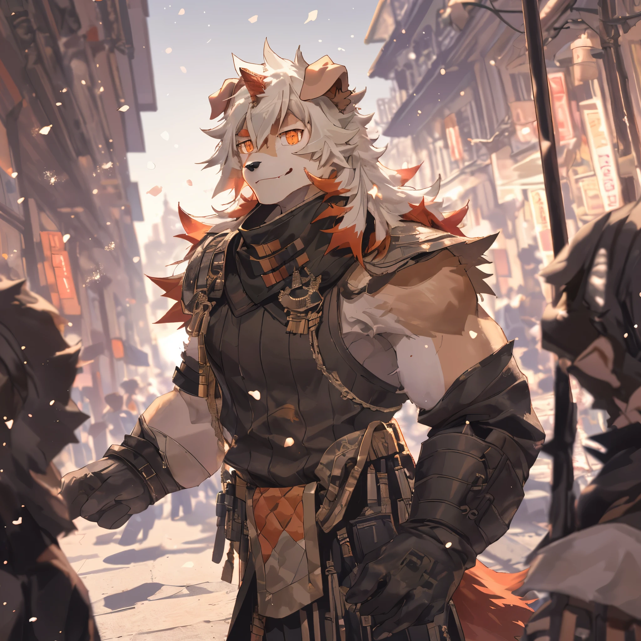 masterpiece, best quality, official art, Extremely detailed CG unified 8k wallpaper, Super detailed, Best Illustration, best shadow, perfect lighting,white fur, hairy,Two-tone fur,striped hair, dog ears, animal ears,brown fur, Bangs, orange hair, white hair, medium hair, orange eyes, alone,black pupils,Orange tail,hairy尾巴,tall and strong,solo,hairy尾巴,male, middle-aged,Detailed background,4K,CG beautiful,depth of field, perfect lighting,(The highest quality of light particles),(masterpiece),(sharp focus,light particles),sharp eyes,smiling,optimistic,alone, hairy,Upper body, Sunlight,sharp eyes,Serious yet dignified,only,young,mature,Ultra-clear screen,soft lines,(Super detailed),depth of field,motion blur,超细节的,City,street view,Humanity((dramatic))epic, dynamic poses, a scene in, (Super detailed), sharp focus,motion blur, depth of field,Handsome,young,Extreme perspective and powerful composition, ridiculous, perfect anatomy,masterpiece:1.2),ultra-de oba ed,actual:1.37,HD R,UHD,extreme detaildescription,professional,Bokeh,The atmosphere is lively,Great view,(bright colors),(distant horizon),(peaceful environment),(impressionist style), (Evocative atmosphere), (Majestic vistas),mature,tall and strong,optimistic,male