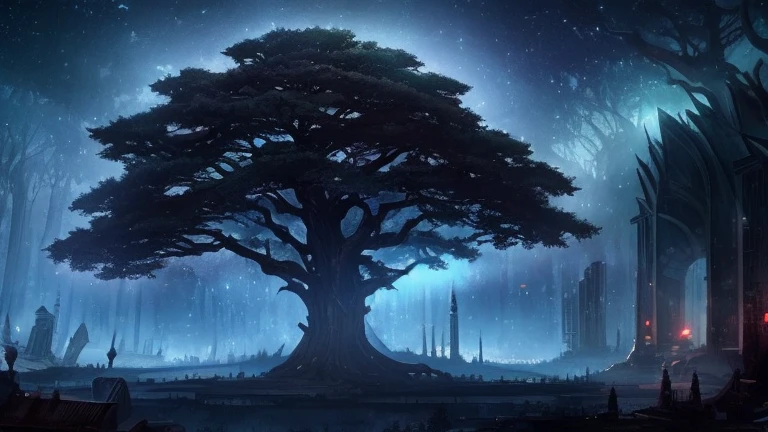 A huge cedar tree with a mysterious aura,Surroundings are ruined cities,dark atmosphere,strong wind is blowing