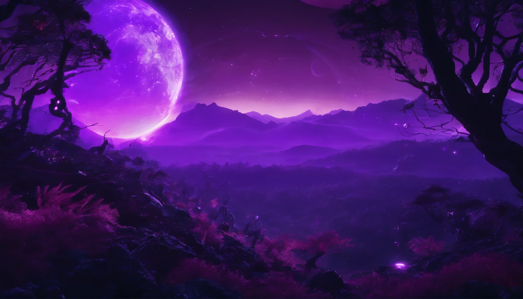 (best quality,4k,highres),dark forest landscape at night with a full moon,20mm cinema lens,purple and black color scheme,trees