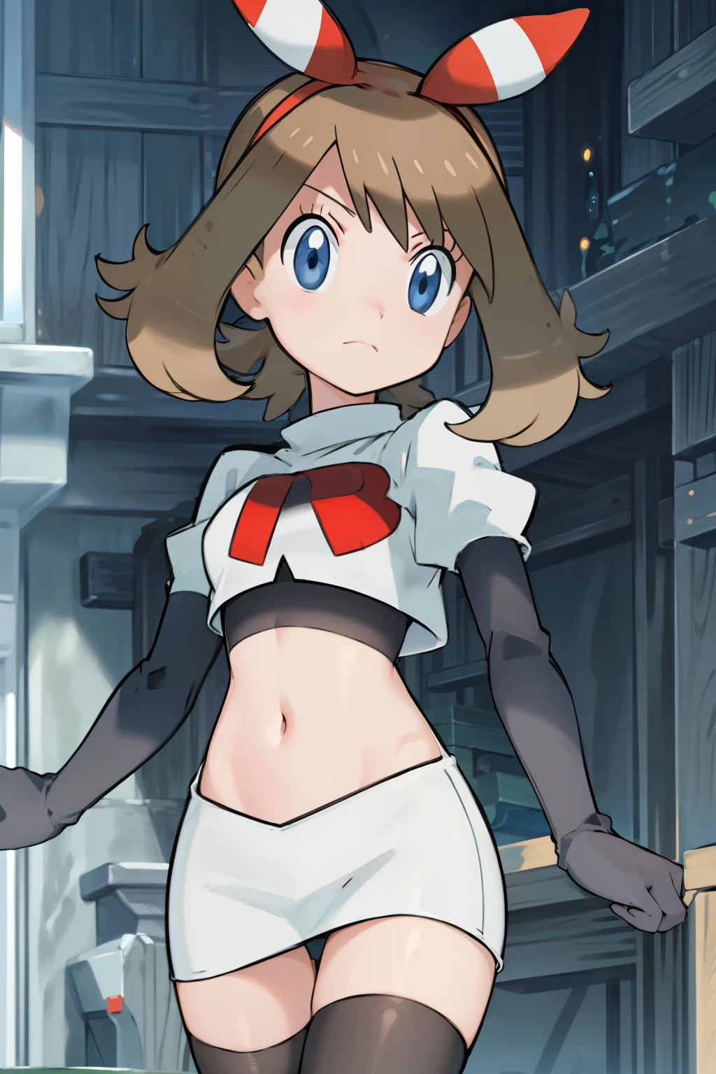masterpiece, professional lighting, 1girl, adorable, expressive face,haruka_oras, solo, creative frame, creative shot, perfect lighting, best quality, masterpiece, light rays, (absurdres), perfect quality, hair bow, team rocket,team rocket uniform, red letter R, white skirt,white crop top,black thigh-highs,black elbow gloves