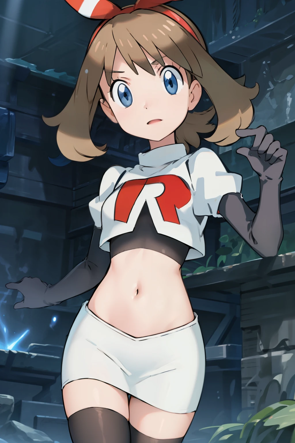 masterpiece, professional lighting, 1girl, adorable, expressive face,haruka_oras, solo, creative frame, creative shot, perfect lighting, best quality, masterpiece, light rays, (absurdres), perfect quality, hair bow, team rocket,team rocket uniform, red letter R, white skirt,white crop top,black thigh-highs,black elbow gloves