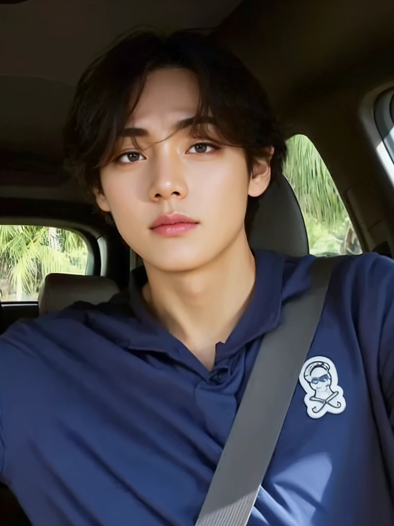 there is a man sitting in a car with a blue shirt, hyung tae, adorable and pale korean face, Taehyung comendo batatas fritas Gucci, pintar ulzzang, ele tem cabelo castanho curto e encaracolado, taken at the beginning of 2020, imagem de perfil, handsome androgynous prince, rio na frente dele, taehyung from bts face