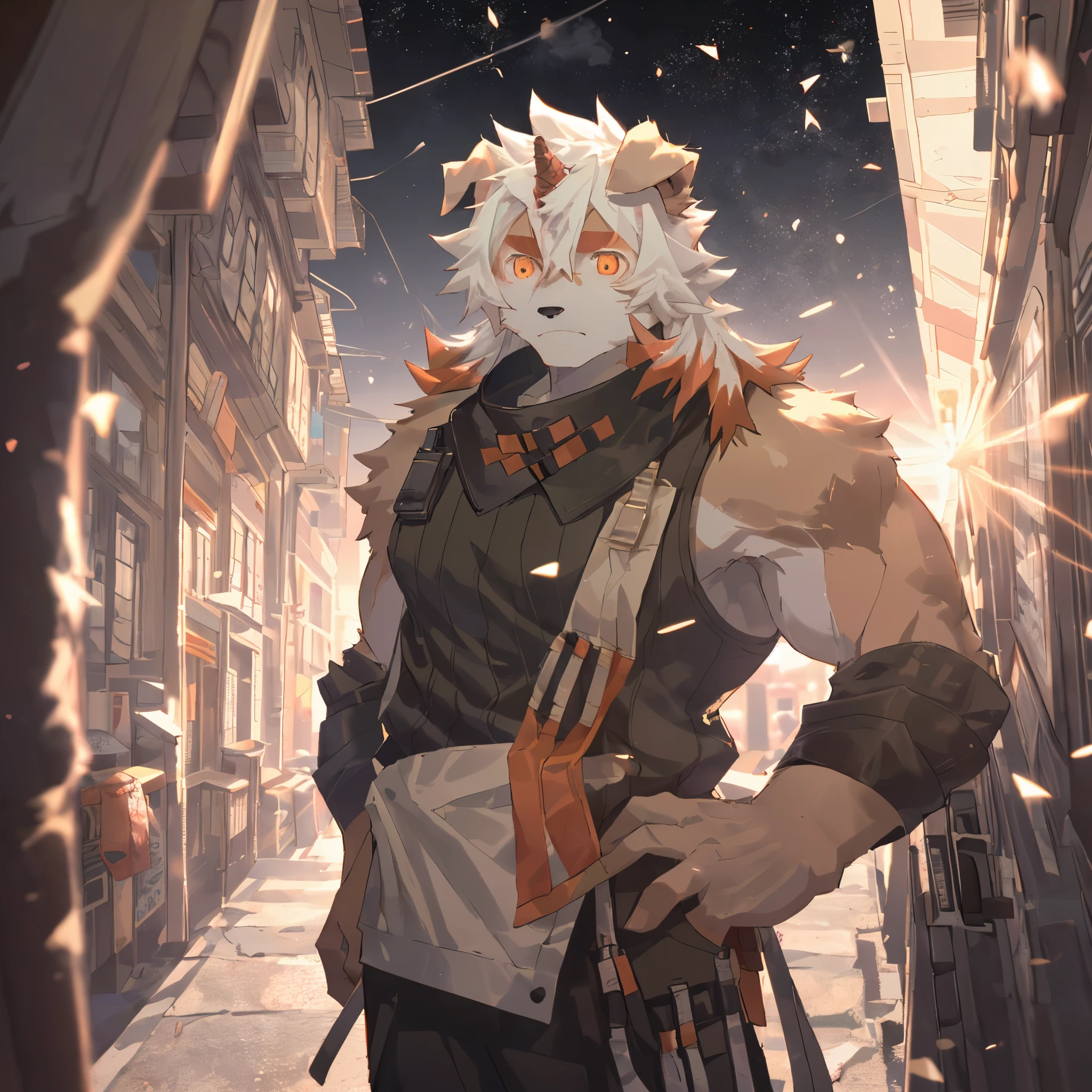 masterpiece, best quality, official art, Extremely detailed CG unified 8k wallpaper, overtake详细, Best Illustration, best shadow, perfect lighting,white fur, hairy,Two-tone fur,striped hair, dog ears, animal ears,brown fur, Bangs, orange hair, white hair, medium hair, orange eyes, alone,black pupils,Orange tail,hairy尾巴,tall and strong,solo,hairy尾巴,male, middle aged,Detailed background,4K,CG beautiful,depth of field, perfect lighting, The highest quality of light particles),(masterpiece),(overtake,sharp focus,light particles,eyes,watching_exist_audience,alone, hairy,Upper body, Sunlight,锐利的eyes,Serious yet dignified,only,young,mature,overtake清屏幕,soft lines,(overtake详细),depth of field,(Vision),motion blur,whole body,rim light,Backlight,overtake细节的,night falls,sunset,City,street view,Humanity((dramatic))epic, dynamic poses, a scene in, (overtake详细), sharp focus,motion blur, depth of field,Handsome,young,Extreme perspective and powerful composition, ridiculous, perfect anatomy,masterpiece:1.2),ultra-de oba ed,actual:1.37,HD R,UHD,extreme detaildescription,professional,Bokeh,The atmosphere is lively,Great view,(bright colors),(distant horizon),(peaceful environment),(impressionist style), (Evocative atmosphere), (雄伟的Vision),mature,tall and strong,optimistic,male