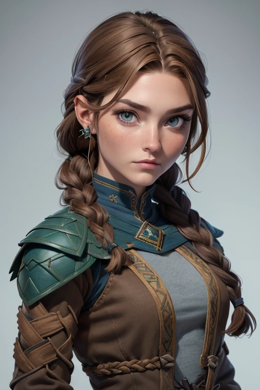 (Obra maestra, La mejor calidad) (young warrior woman of nordic descent), (ojos verdes), (Muscular), (falda de piel), (brown hair color),(loose hair with small braids on the scalp), (top con correa de cuero) plumas, capa sobre el hombro, bufas, (azul, gray and brown suit).
