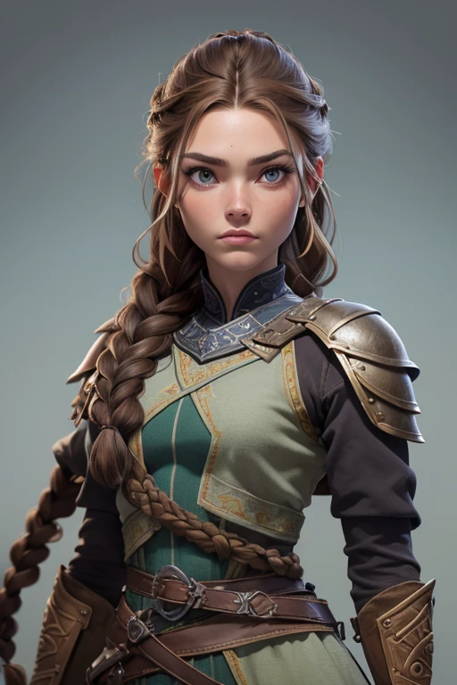 (Obra maestra, La mejor calidad) (young warrior woman of nordic descent), (ojos verdes), (Muscular), (falda de piel), (brown hair color),(loose hair with small braids on the scalp), (top con correa de cuero) plumas, capa sobre el hombro, bufas, (azul, gray and brown suit).