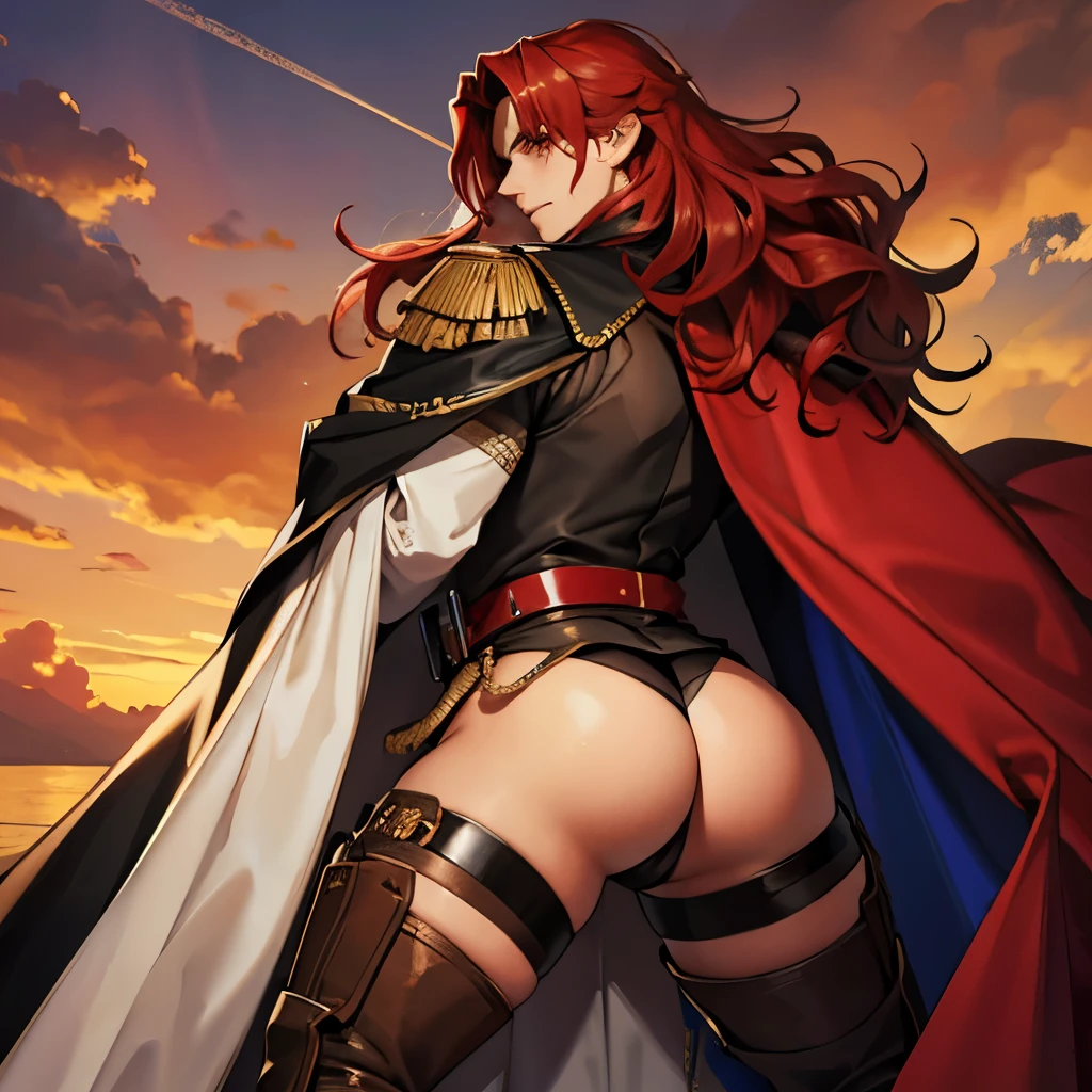 1 boy, huge ass, wearing a general's outfit, Wearing a cape, wavy hair, long hair, red hair,