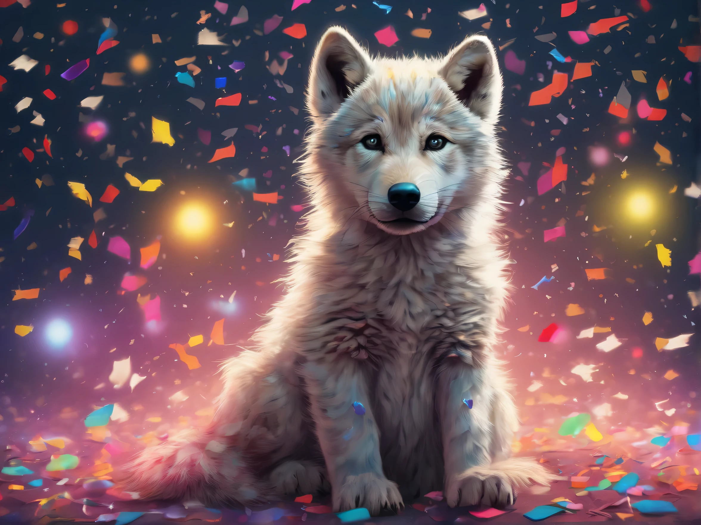 From above, Amid swirling fog and bright confetti, Cute young wolf cub sits staring into the moonlight barrier。,  Curious and innocent personality, Delicate fur glistening under the glow of surrounding neon colors, Amazing dark beauty illustration, Like a high-quality photo, all the intricate details, fog of madness, and the confetti bursts, Refreshing and transparent confetti, Beautiful composition and richness of color, It truly evokes the charm of a sense of wonder.,