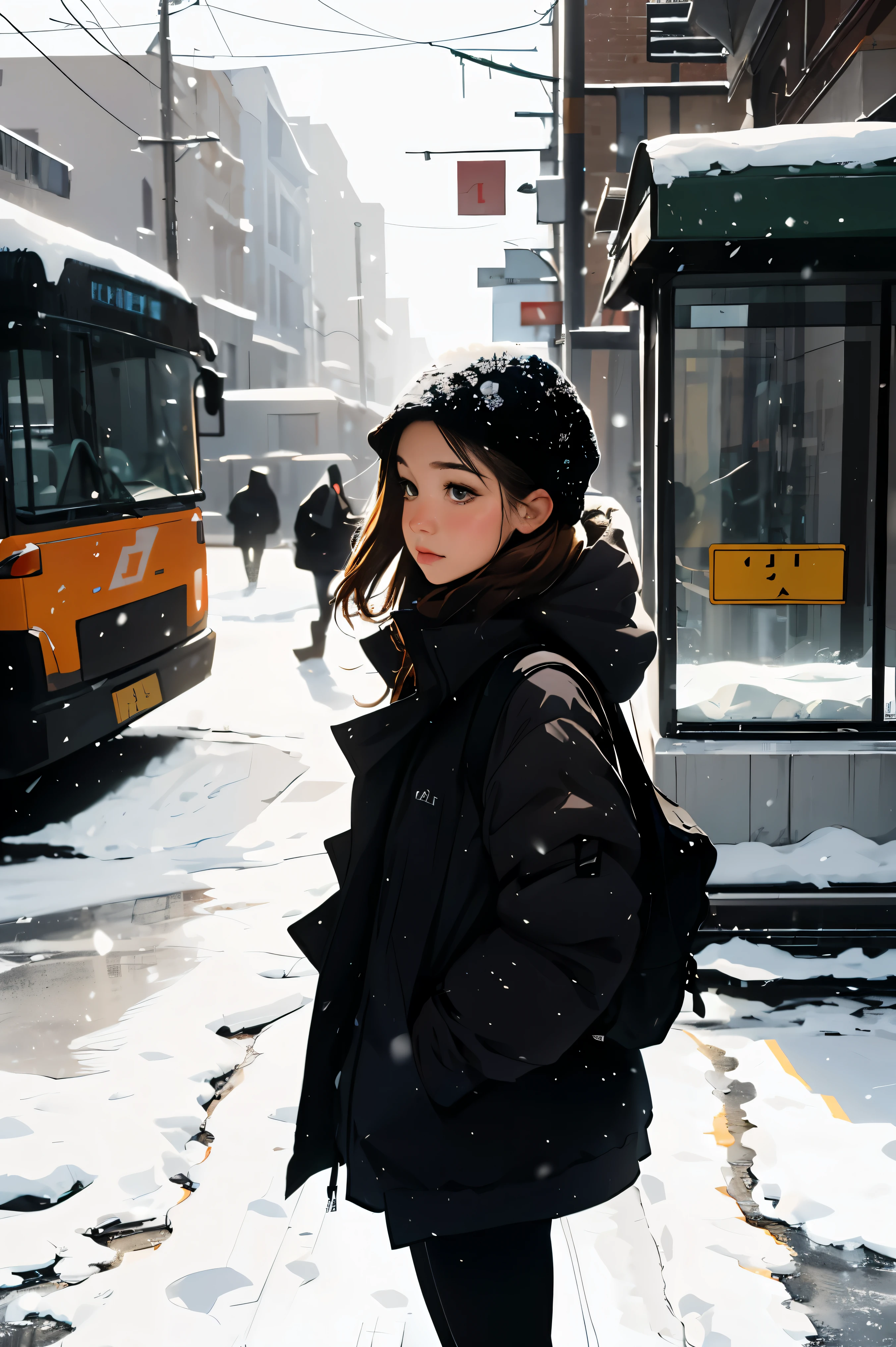 Girl waiting for bus at snowy winter stop,vivid colors, soft focus, Light leakage, dreamy winter atmosphere, experimental charm, Retro charm break color field painting, A variety of colors, abstract expressionism, bold hues, emotional impact, atmospheric depth, Minimalist approach BREAK, Beautiful girl, UHD (ultra detail) Viewers watching him wearing hip-hop style padding.., another, fancy, long, hair dyed brown 🌈, bright padded clothing, White stardust in dark areas, absurd, high resolution, very detailed, (1 woman : 1.3), vivid colors, soft focus, Light leakage, dreamy atmosphere,