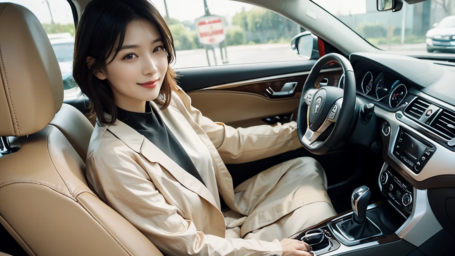 Asian woman in tan dress sitting in car，Keep your hands on the steering wheel, with an elegant smile,  42 year old mature beauty，fair skin