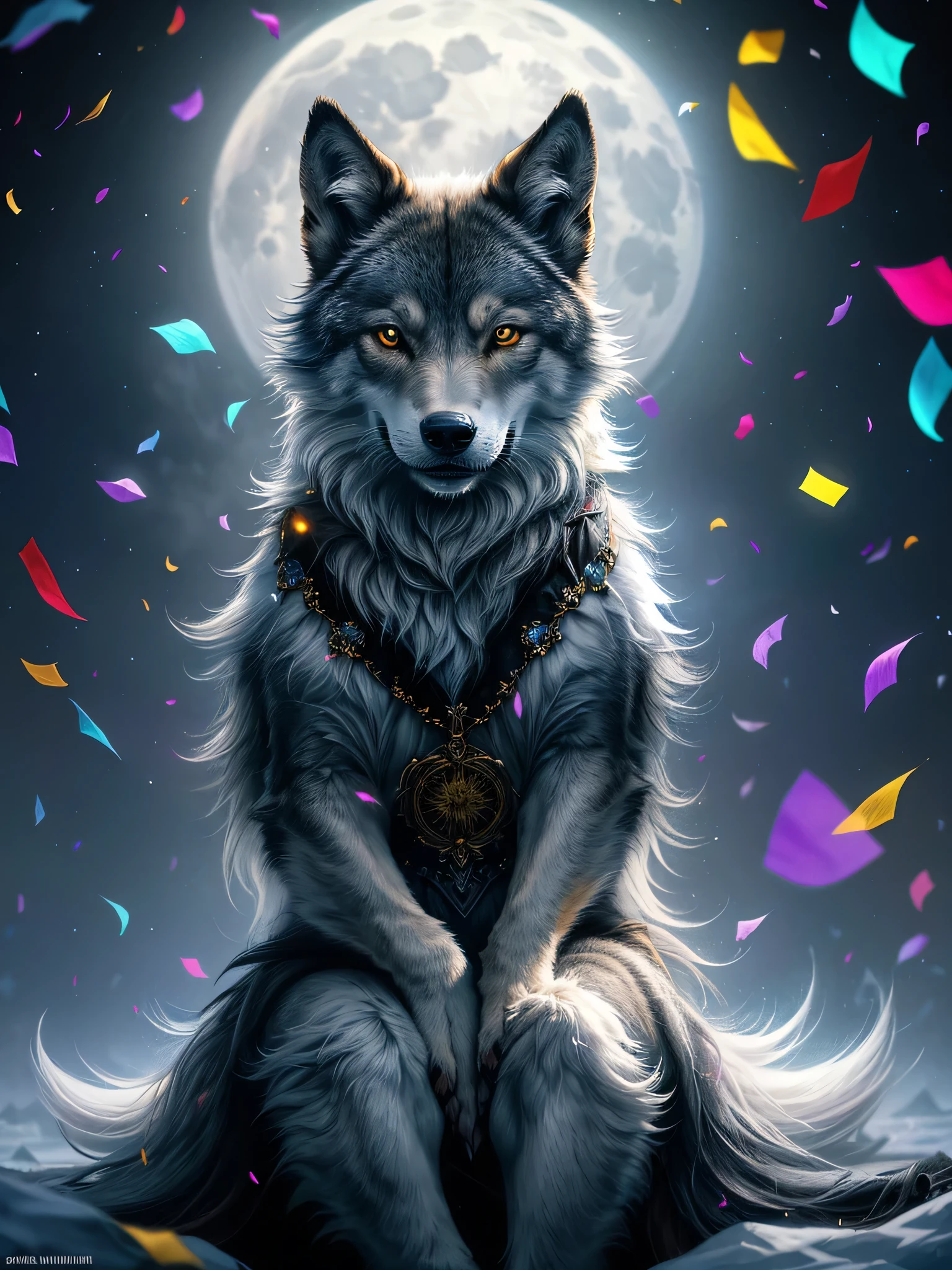From above, Amid swirling fog and bright confetti, Cute young wolf cub sits staring into the moonlight barrier。, Curious and innocent personality, Delicate fur glistening under the glow of surrounding neon colors, Amazing dark beauty illustration, Like a high-quality photo, all the intricate details, fog of madness, and the confetti bursts, Refreshing and transparent confetti, Beautiful composition and richness of color, It truly evokes the charm of a sense of wonder.,
