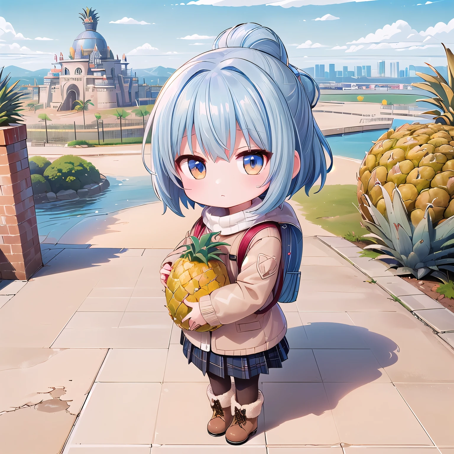 (Chibi, snap shot,Pineapple , Nendoroid ,stand,one girl: 1.5), (Masterpiece, almond-shaped eyes, glossy white-blue hair, short chignon hair, top quality, carefully drawn fingers, beautiful anatomy,  full body : 1.4), (Tasteful Colored pencil hand-drawn picture: 1.5), (Red cheeks, indifference, no expression, hair blowing in the wind: 1.2), (Slim and warm clothes, fluffy sweater,globe, chic down coat, muffler,backpack,check skirt,warm boots: 1.2), (fantastic view: 1.3), (brick building,pineapple building,big city:1.4),(theme park ,submarine city,skeleton small earth object ,morning:1.3)