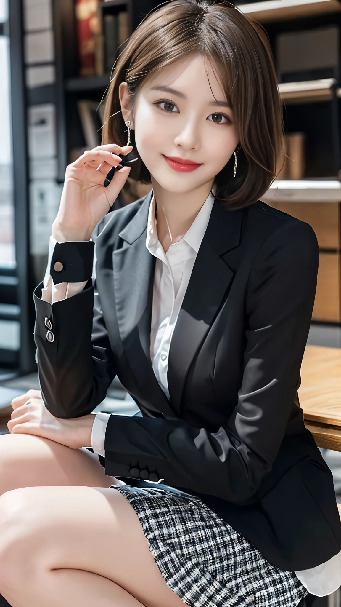 beautiful japanese woman，Photos taken by a professional photographer，Fancy makeup with red eyeshadow，double eyelid，The best smile，Delicate brown hair with short cut and side waves，big ring earrings，elegant legs，Wearing black high heels，long and thin legs, white shirt and super miniskirt, long legs, standing during class, very beautiful slim legs, とても美しいlong and thin legs, sitting at desk, Business service, beautiful feet, good hips and long legs, beautiful feet, 