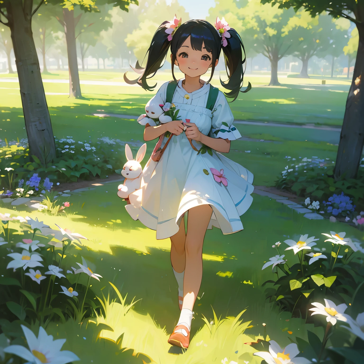 (photorealistic:1.37)、octane rendering、Morning park、Walk with a rabbit doll、Girl has twin tail hairstyle and smiles、Bright colors、soft sunlight、beautiful flower、green grass、playful atmosphere、peaceful environment、detailed texture、Bright colors、cute shoes with accessories、He looks happy