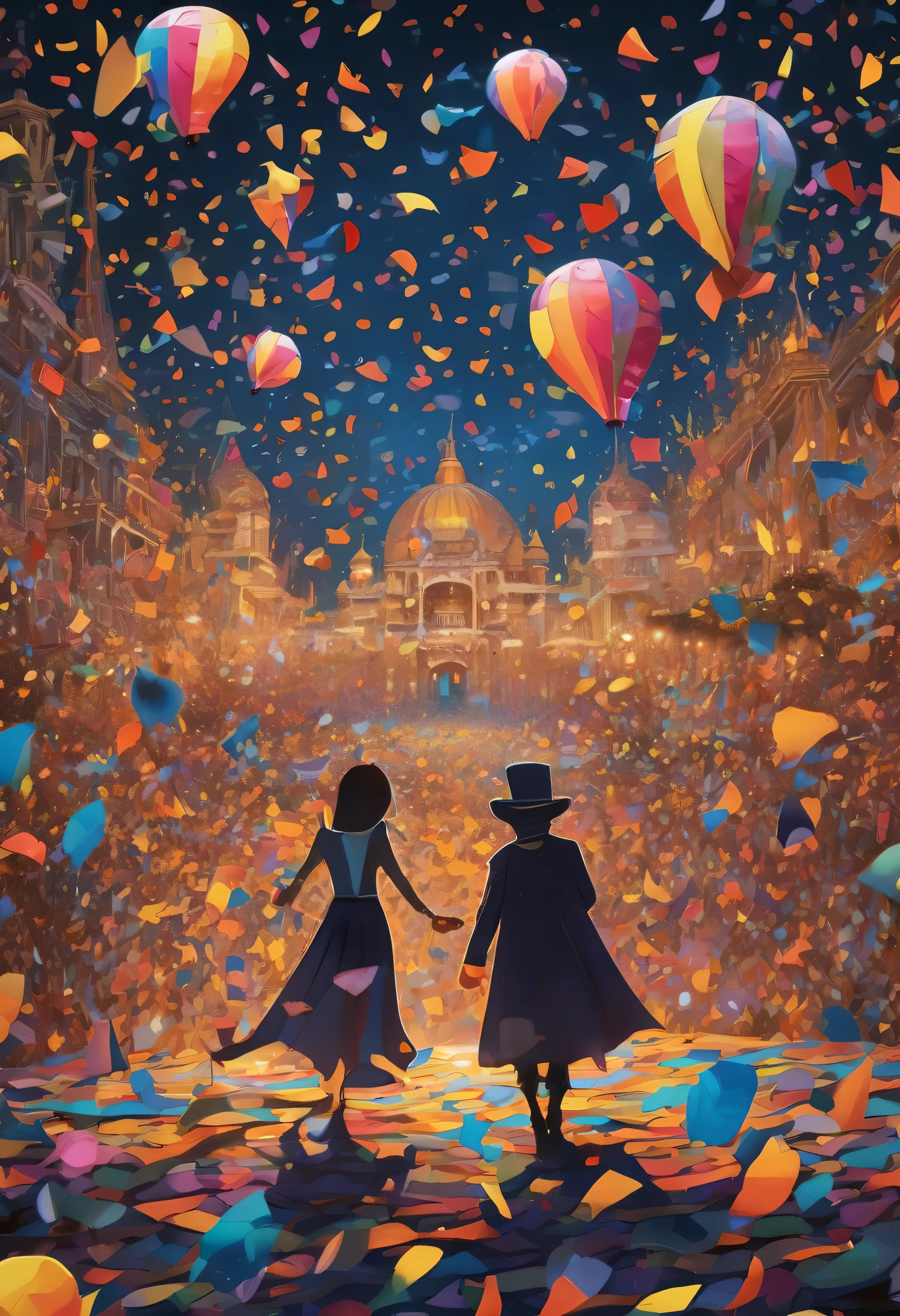 Bright confetti rains down, Stunning illustration featuring a kaleidoscope of colorful confetti, Dark fantasy world, Fascinated by a dark and fantastic world, Confetti streamers dance in the air, Dark fantasy worldを背景に, 複雑なディテールと細心の注意を払った筆致がDark fantasy worldをもたらします, Every amazing detail of this wonderland, seductive sight, From elaborate costumes to detailed backgrounds, Captivating effects that draw you into a wonderful land, Beautifully detailed illustrations, stunning visuals, Light and shadow, high quality, High resolution, tonal contrast,