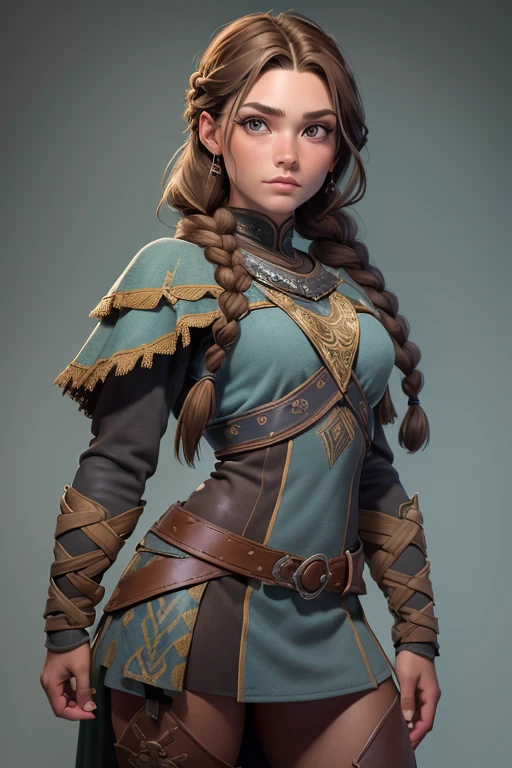 (Obra maestra, La mejor calidad) (young warrior woman of nordic descent), (ojos verdes), (Muscular), (falda de piel), (brown hair color),(loose hair with small braids on the scalp), (top con correa de cuero) plumas, capa sobre el hombro, bufas, (azul, gray and brown suit).