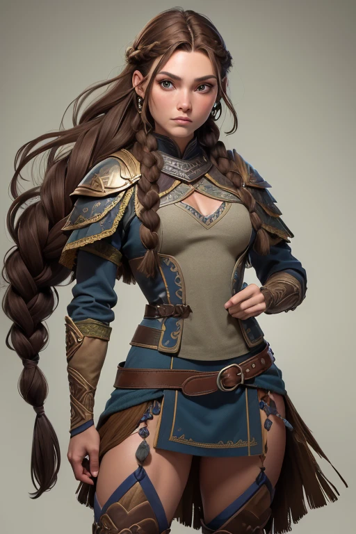 (Obra maestra, La mejor calidad) (young warrior woman of nordic descent), (cuerpo completo) (ojos verdes), (Muscular), (falda de piel), (brown hair color),(loose hair with small braids on the scalp), (top con correa de cuero) plumas, (azul, gray and brown suit), (cuerpo completo).