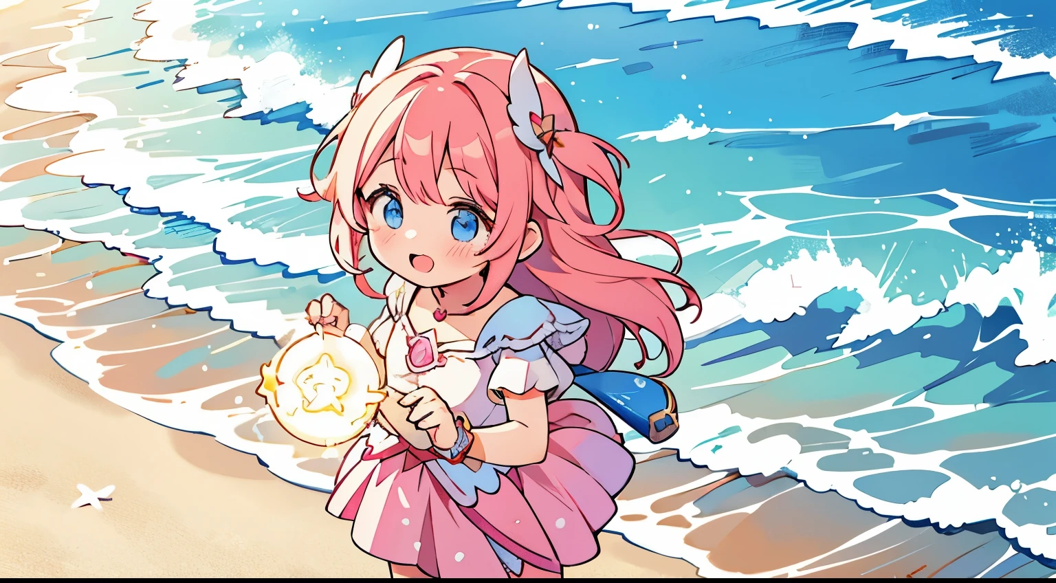 photoRealstic、Illustration of a girl on the beach,She is a magical girl、however、Magic can fail