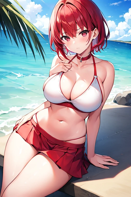 1girl, red hair, bikini, white bikini, skirt, large breasts, thick thighs, very short hair, skirt bikini, beach, serious