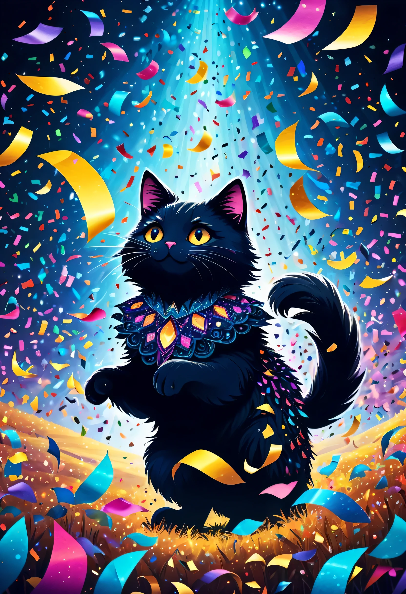 cute sky cat, Bright confetti rains down, Stunning illustration featuring a kaleidoscope of colorful confetti, Dark fantasy world, Fascinated by a dark and fantastic world, Confetti streamers dance in the air, Dark fantasy worldを背景に, 複雑なディテールと細心の注意を払った筆致がDark fantasy worldをもたらします, Every amazing detail of this wonderland, seductive sight, From elaborate costumes to detailed backgrounds, Captivating effects that draw you into a wonderful land, Beautifully detailed illustrations, stunning visuals, Light and shadow, high quality, High resolution, tonal contrast,