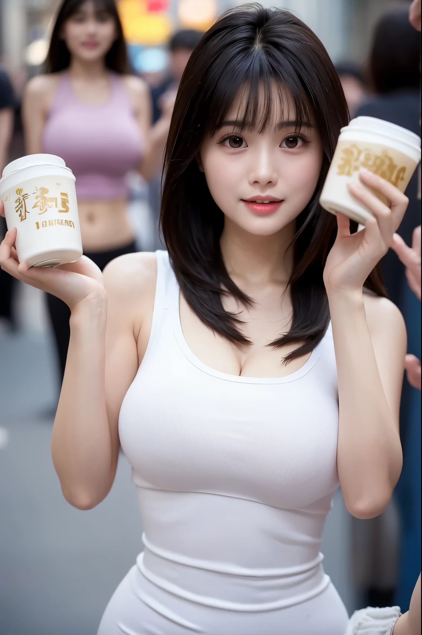 Photo of a Beautiful Chinese idol 浅浅princess waring a lase sexy tank top, 浅浅princess, Summer, Lustful, film grain, Ilford HP5, 80mm, super big round breasts, she holding one glass milk in right hand.