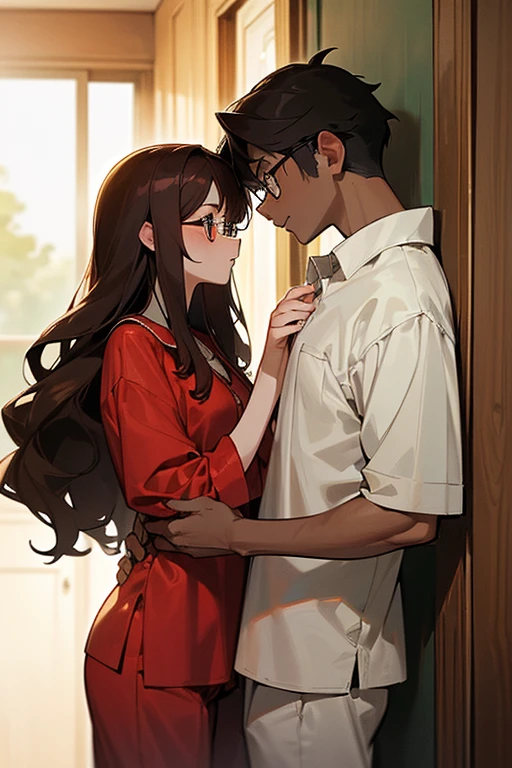 ((Masterpiece: 1.5, best quality, high resolution: 1.3, super resolution, super detailed, ultra detailed: 1.3, rich background: 1.2, two characters)) (( 1 girl, tanned skin, brunette, amber eyes, female body and in pajamas,)) ((2 boy, pale skin, crimson eyes, wavy black hair, tall, with glasses, casual clothes)) ((boy cornering girl against a door, both face to face, sunlight))