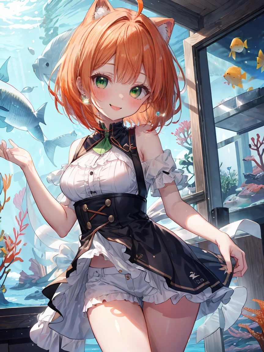 ((8K masterpiece,highest quality)), ultra high resolution, hyper detail, (1 girl), beautiful face, beautiful and delicate eyes, Big eyes,shining eyes of light,Thin and long eyelashes,((orange hair)),((green eyes)),(bob cut),Ahoge,big breasts,thin waist,(Light Blue One Piece),(very large thighs),red hair band,White bag,White pumps,(grinning face),small blush,(big smile),greeting,((aquarium)), particles of light,motion blur,written boundary depth,spectacular panoramic view,angle from the side