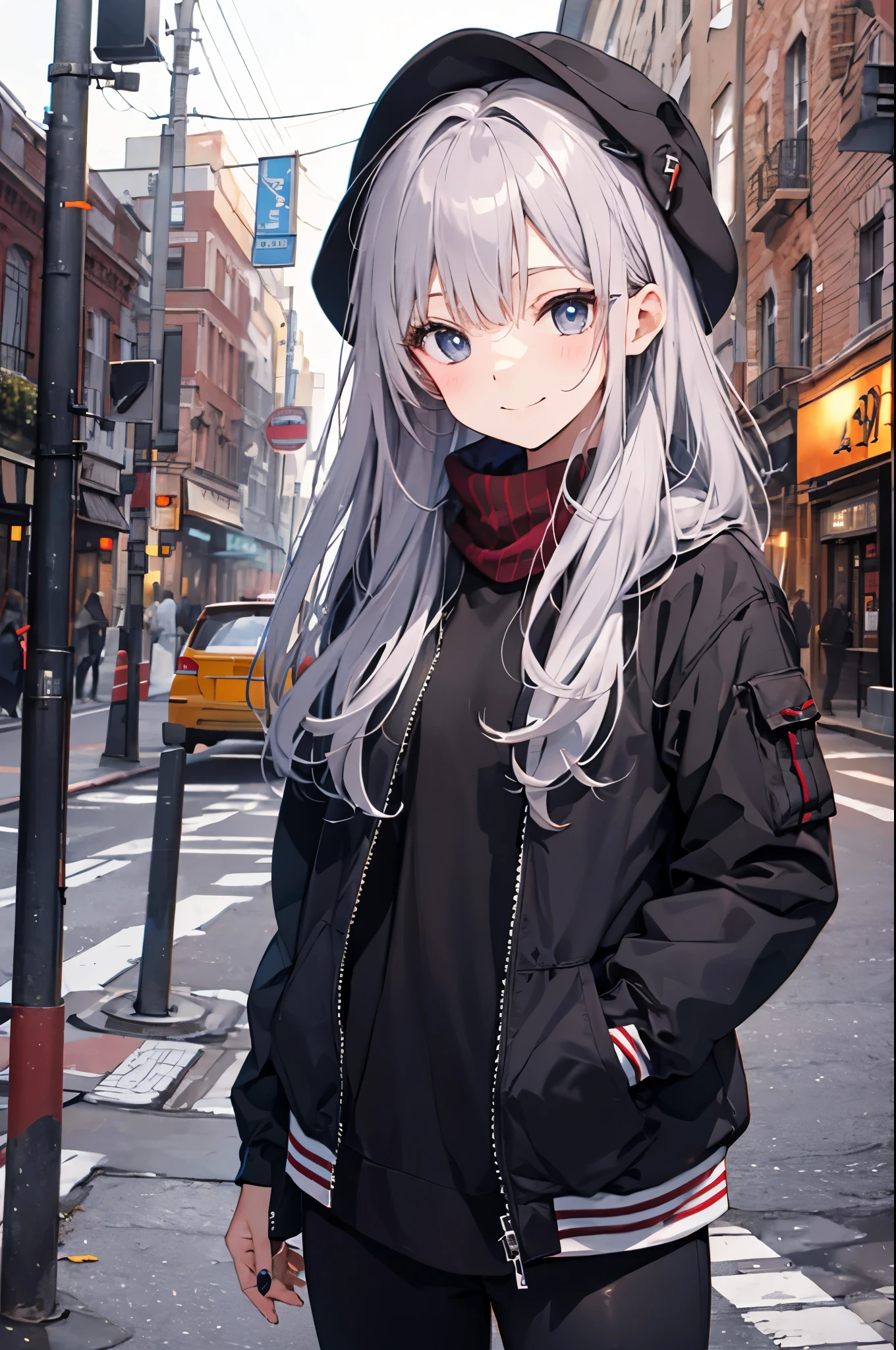 (Pretty sister:1.3)、happy face,winter atmosphere、suit figure、In town、night