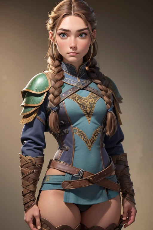 (Obra maestra, La mejor calidad) (young warrior woman of nordic descent), (ojos verdes), (Muscular), (falda de piel), (brown hair color),(loose hair with small braids on the scalp), (top con correa de cuero) plumas, capa sobre el hombro, bufas, (azul, gray and brown suit).