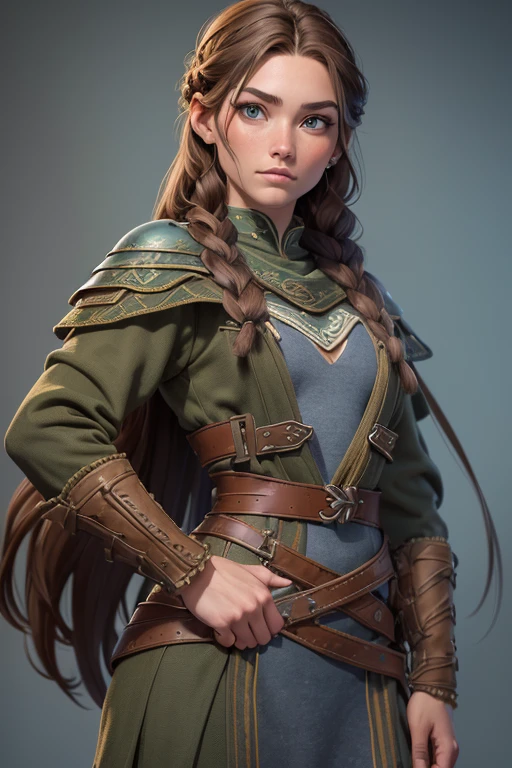 (Obra maestra, La mejor calidad) (young warrior woman of nordic descent), (ojos verdes), (Muscular), (falda de piel), (brown hair color),(loose hair with small braids on the scalp), (top con correa de cuero) plumas, capa sobre el hombro, bufas, (azul, gray and brown suit).