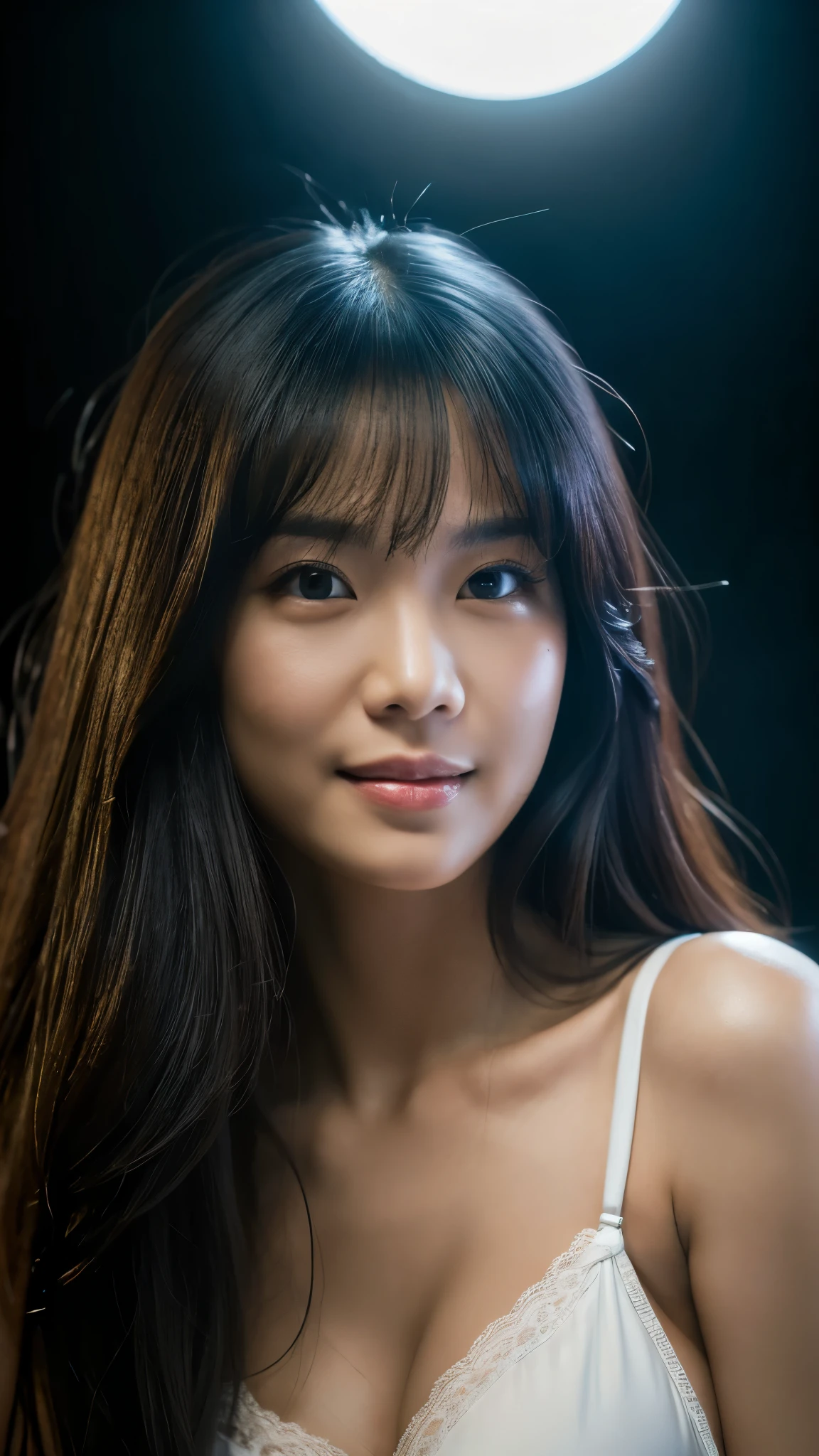 highest quality, epic realistic, ((in the pitch black darkness :1.4)), ((portrait:1.5)),(background: dark ) high contrast ,glorious picture, lowest lux, lighting face, she's comfortable, wearing white bikini, looks incredible, (8k, Raw photo, Highest quality),(epic realistic:1.5), a woman, face,(detailed eyes:0.8),(looking at the camera:1.4), (Highest quality), ( high contrast, deep shadows),Intricate details,cinematic,((skin:1.4)), (long dark hair:1.3), long hair, messy ,(Hdr:1.5),Detailed, colors, Superior quality, Masterpiece, Raw Photo (20-year-old, looking at viewer), beautiful, (wearing underwear,), perfect, natural, perfect composition, portrait, perfect face, smiling expression, Captivating eyes, Bright details, Tight lips, (High Skin Detail),, (blue tint: 0.6), (sale: 0.8), (bloody: 0.7), Key lighting , (backlight: 0.5), Medium depth of field, Canon 5d, 50mm lens, f/4 apertures, (Ultra-detailed, Complex detail), sharp focus, soft colors, 8k, Absurd, 80mm, dark background, photography, smiling, pinay, filipina, medium , wearing white bikini