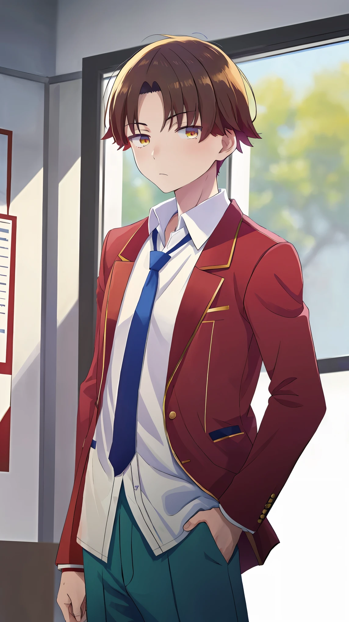 Masterpiece, Best quality, High accuracy, 1 Boy Kiyotaka Ayanokoji, School uniform white shirt red jacket open jacket blue tie green trousers hand on hip, Looking at the scenes