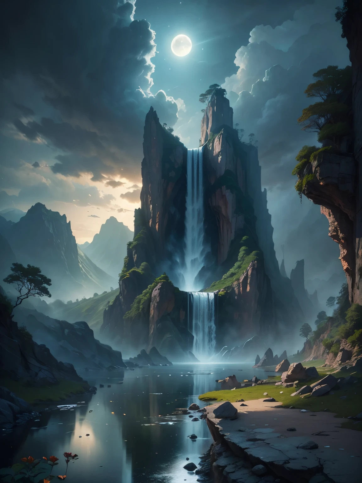 there is a large waterfall in the middle of a mountain, ancient city, epic matte painting of an island, the lost city of atlantis, an aztec city in a island lake, ancient city landscape, lost city of atlantis, marc simonetti. intricate, beautiful concept art, stunning concept art, highly realistic concept art, art style of marc simonetti, (((masterpiece))), best quality, high quality, extremely detailed CG unity 8k wallpaper, scenery, outdoors, sky, cloud, no people, mountain, landscape, water, tree, blue sky, waterfall, cliff, nature, lake, river, cloudy sky,award winning photography, Bokeh, Depth of Field, HDR, bloom, Chromatic Aberration ,Photorealistic,extremely detailed, trending on artstation, trending on CGsociety, Intricate, High Detail, dramatic, art by midjourney, tall waterfall, painting of a river with rocks and trees in the foreground, near a river, landscape, jungle, waterfall, crystal clear water, night light,((full moon)), colorful, river with rocks, rock bridge, epic, fantasy, ((roses and flowers on the banks of the pond)), ((oil painting)), moon landscape reflected in river, ((rock bridge))