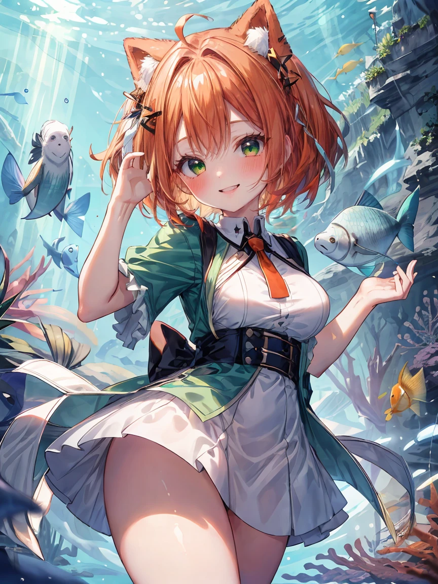 ((8K masterpiece,highest quality)), ultra high resolution, hyper detail, (1 girl), beautiful face, beautiful and delicate eyes, Big eyes,shining eyes of light,Thin and long eyelashes,((orange hair)),((green eyes)),(bob cut),Ahoge,big breasts,thin waist,(Light Blue One Piece),(very large thighs),red hair band,White bag,White pumps,(grinning face),small blush,(big smile),greeting,((aquarium)), particles of light,motion blur,written boundary depth,spectacular panoramic view,angle from the side