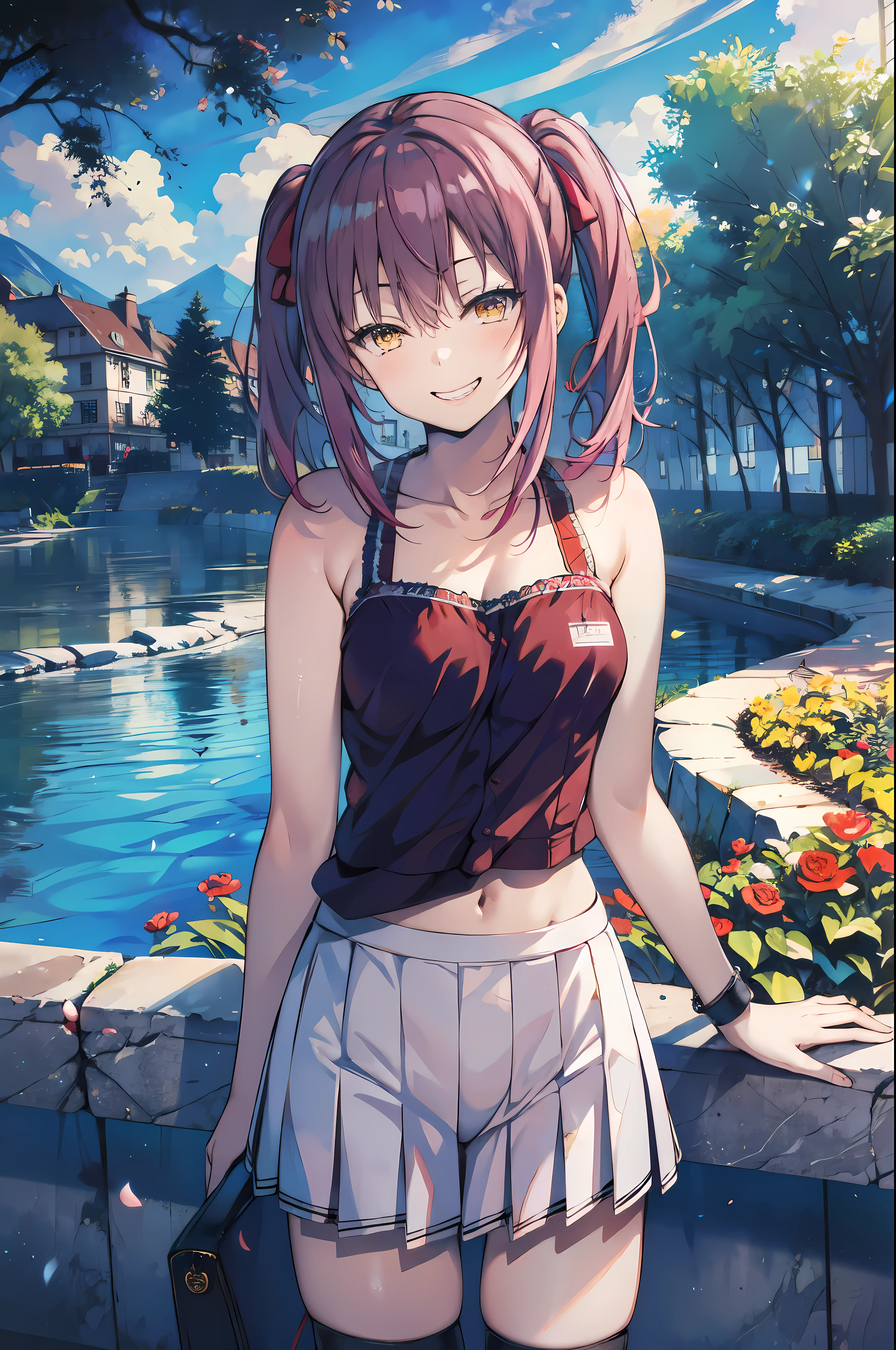 detailed, (masterpiece:1.2), (solo:1.2), (female), slender, (red hair), grin, teeth, winking, (camisole), short_skirts, outdoors, park, trees, lakes, bracelets, (one_eye_closed), collarbone, cheerful, mischief, bare_shoulders, twintails, headtilt, yellow_eyes