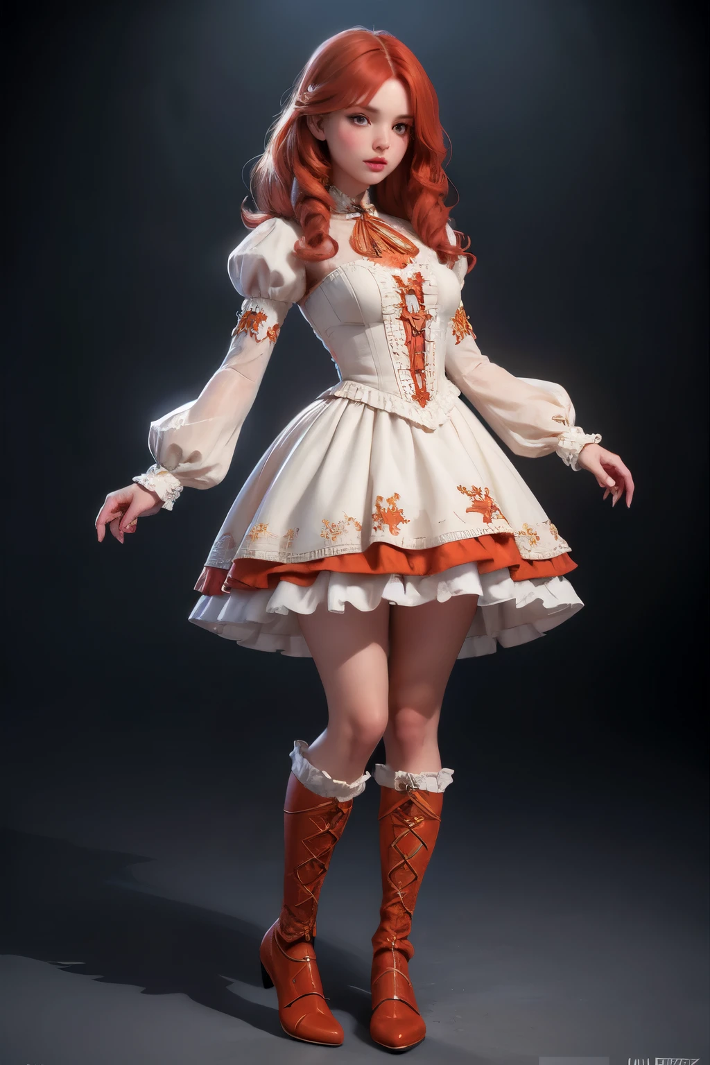 danish inspired, russian inspired, dress design, ruffles, embroidery, intricate, long sleeves, ankle length, fantasy, villager, fashion concept, fashion design, fashion plate, standing pose, concept art, petticoat, boots, hip length curly red hair, perfect face, round face, big plump lips, orange eyes, middle part