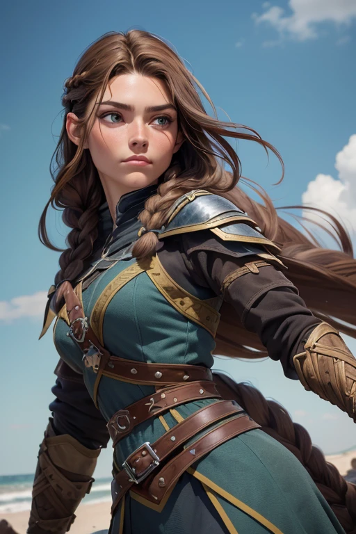 (Obra maestra, La mejor calidad) (young warrior woman of nordic descent), (combat position)  (ojos verdes), (Muscular), (falda de piel), (brown hair color),(loose hair with small braids on the scalp), (top con correa de cuero) plumas, capa sobre el hombro, bufas, (azul, gray and brown suit).