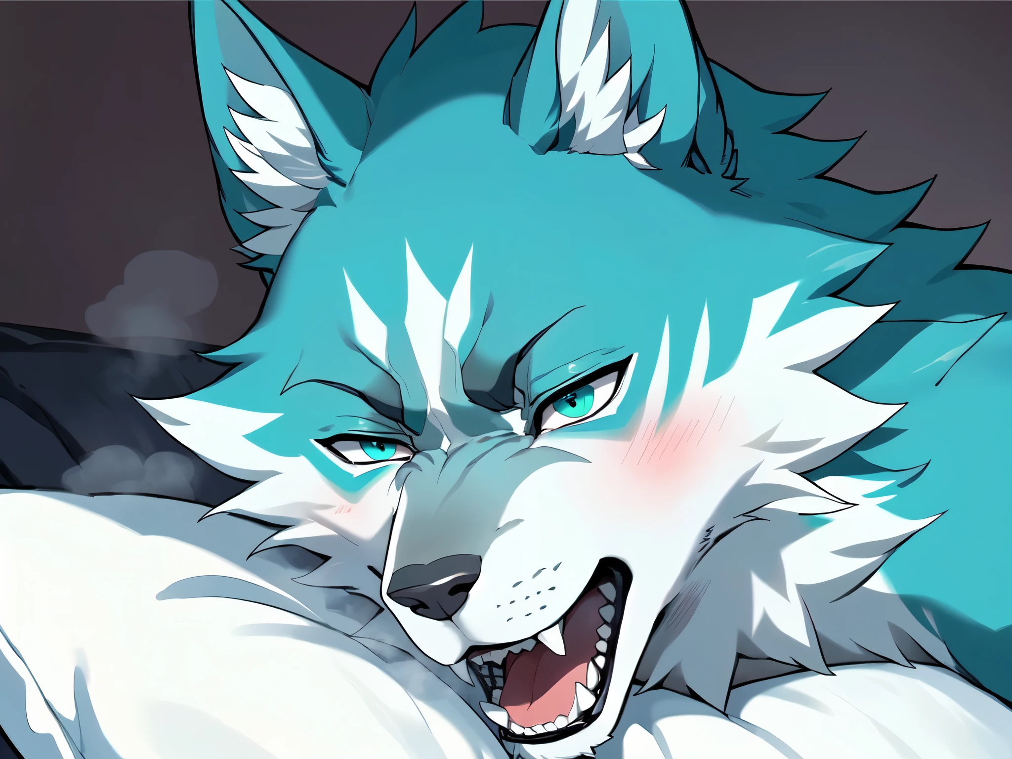 Shirou_ogami, furry wolf male, by gudlmok99, by fumiko, by hyattlen, teal eyes, close up, eyes half open, three quarters shot, portrait, panting, steam coming out of mouth, tired expression:1.4,, blushing, lying on a bed, head on a pillow, mouth open