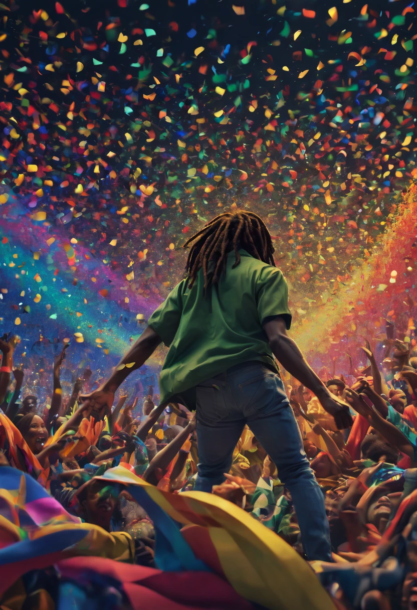 best quality,4k,highres,ultra-detailed,physically-based rendering,realistic,sharp focus,colorful confetti,bob marley and the wailers:1.1,jamaika,zentangle,origami,cinematic,magical atmosphere,tropical paradise,twinkling stars,vibrant colors,intricate patterns,joyful celebration,harmonious composition,energetic movement,uplifting vibes,dynamic lighting,bokeh effects,exquisite details,attention to texture,expressive brushstrokes,artistic flair,immersive experience,mesmerizing visuals,epic storytelling,hauntingly beautiful,animated characters,ethereal landscapes,dreamlike ambiance,colorful costumes,catchy rhythms,unity and diversity