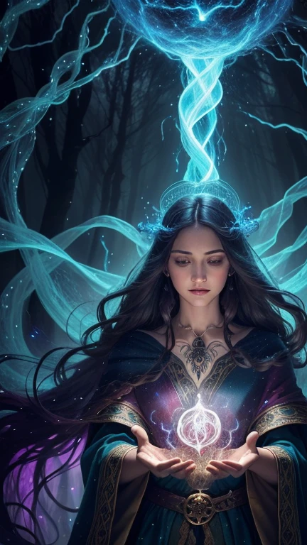 A powerful wizard, standing in a mystical forest. Their flowing robes adorned with symbols, arms outstretched, eyes sparkling with arcane energy. As their incantation escapes their lips, vibrant, swirling patterns of dark magic manifest in the air, pulsating with hues of reds and blues. Enchantment permeates, causing flowers to bloom, creatures to gaze in awe. Wisps of magic energy dance, revealing hidden realms, unlocking secrets. Capture the essence of this spellbinding moment, bringing the mystic power of the dark enchantment to life on the canvas with the highest quality and detail. Best quality, masterpiece, ultra high res, (photorealistic:1.4), raw photo, sharp focus, HDR, detailed skin.