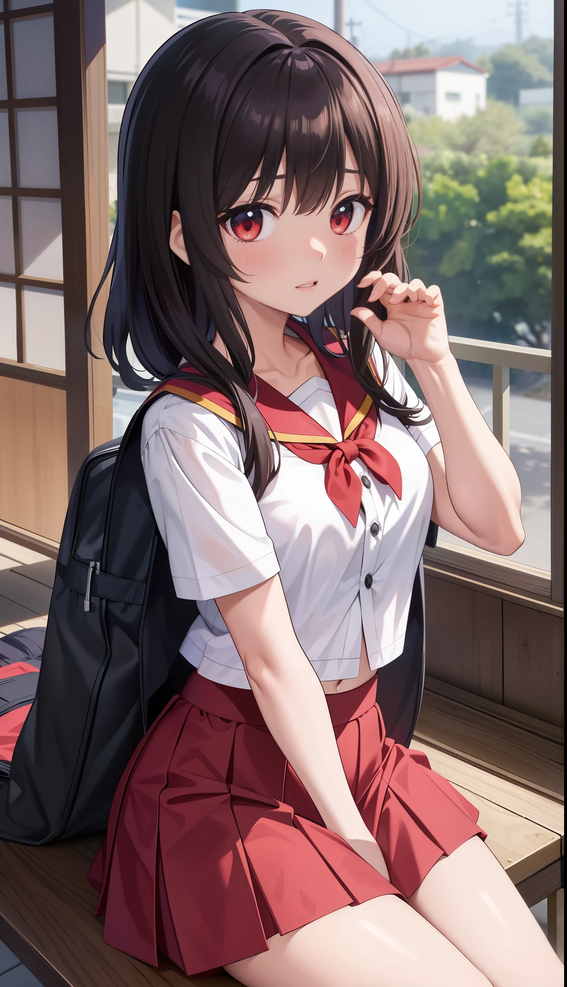 1 Megumin em、AS-Adulto(Tsundere)、A camisa、saia pela、()Chilarismo、Japan High School Student Uniform、serafuku、summer clothes、(Sheer bra)、Andar com uma coxa、retrato da parte superior do corpo、red eyes, cabelos curtos e castanhos.